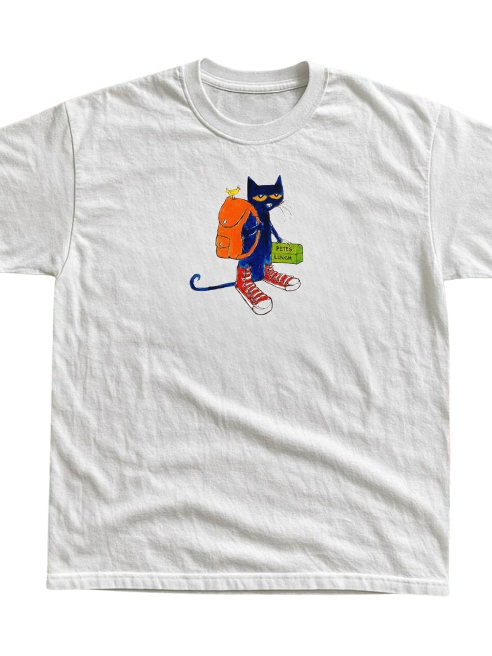 Gildan White Short Sleeve Tee with Blue Cat, Orange Backpack & Red Shoes
